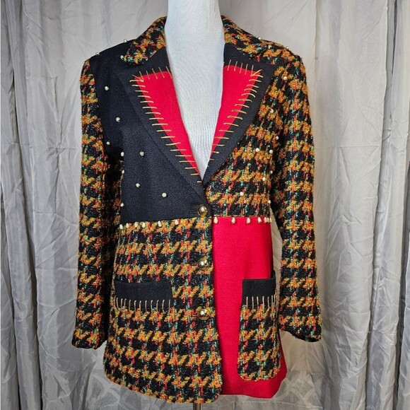 Adam Douglass Adrianna Papell Red Black Color Block Tweed Button Front Blazer - Picture 1 of 14